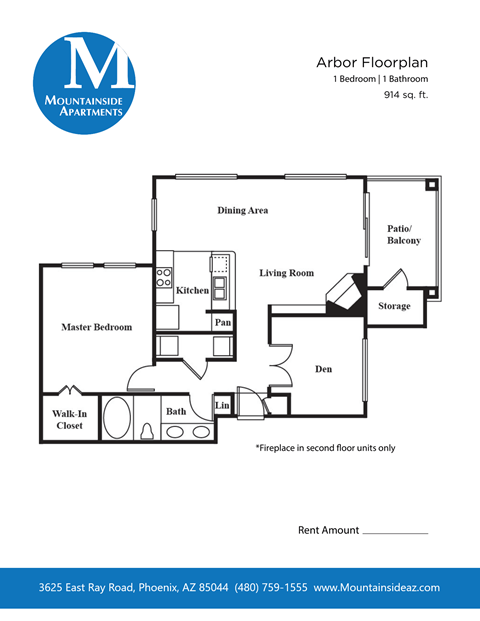 Floor plan for 1 bed, 1 bath, 914 sqft